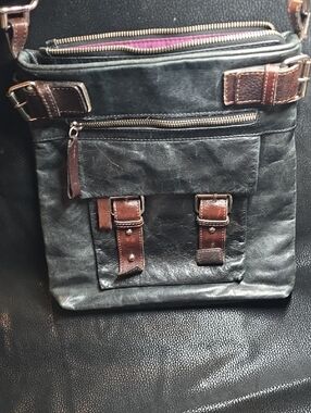 Tano Black Leather Messenger Bag with Brown Leather Trim